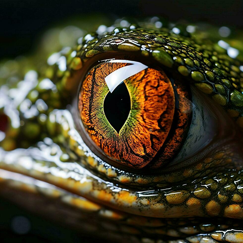 eye of lizard on black background of ai generated photo