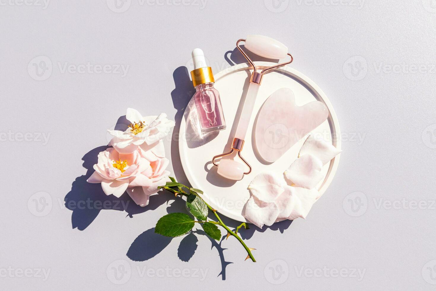Bottle of Cosmetic Rose Oil, Quartz Massager, Gua Sha Scraper on White Ceramic Tray for Home Massage and Self-Care. Top view. photo