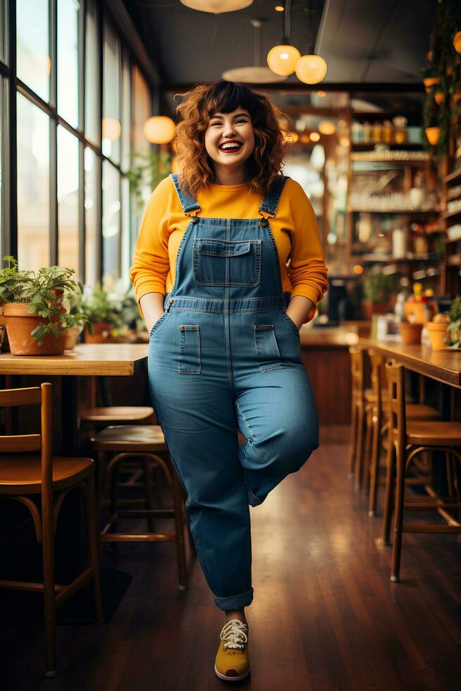 Classic Denim Darling Chubby Woman Fall Outfit Vibrant Autumn Fashion - AI generated photo