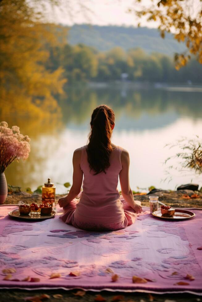 amable cuidados personales y femenino meditación - ai generado foto