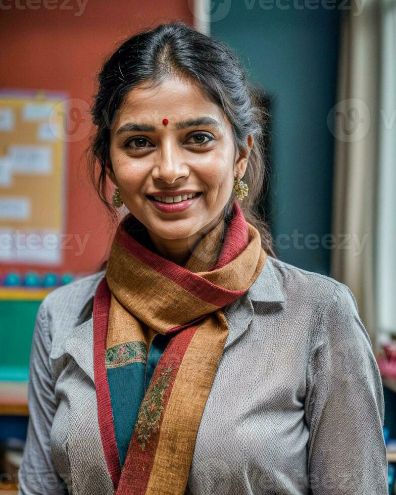 ai generado indio preescolar mujer profesor con bindi y vistiendo un camisa con bufandas a salón de clases foto