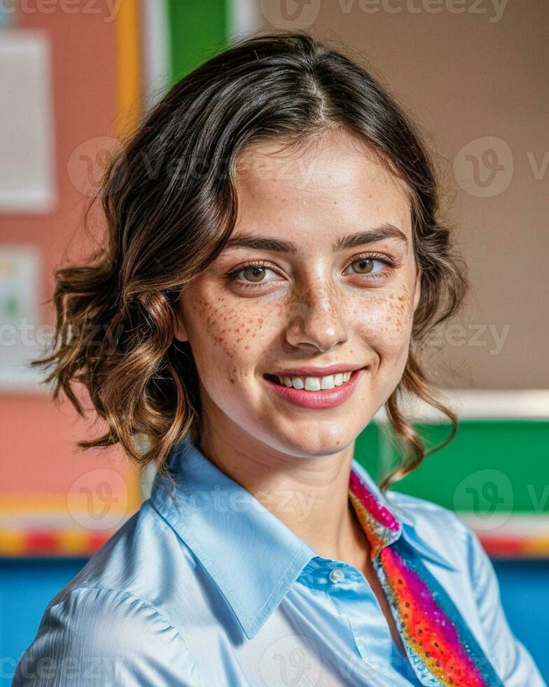 AI Generated Italian preschool women teacher wearing shirt at classroom photo