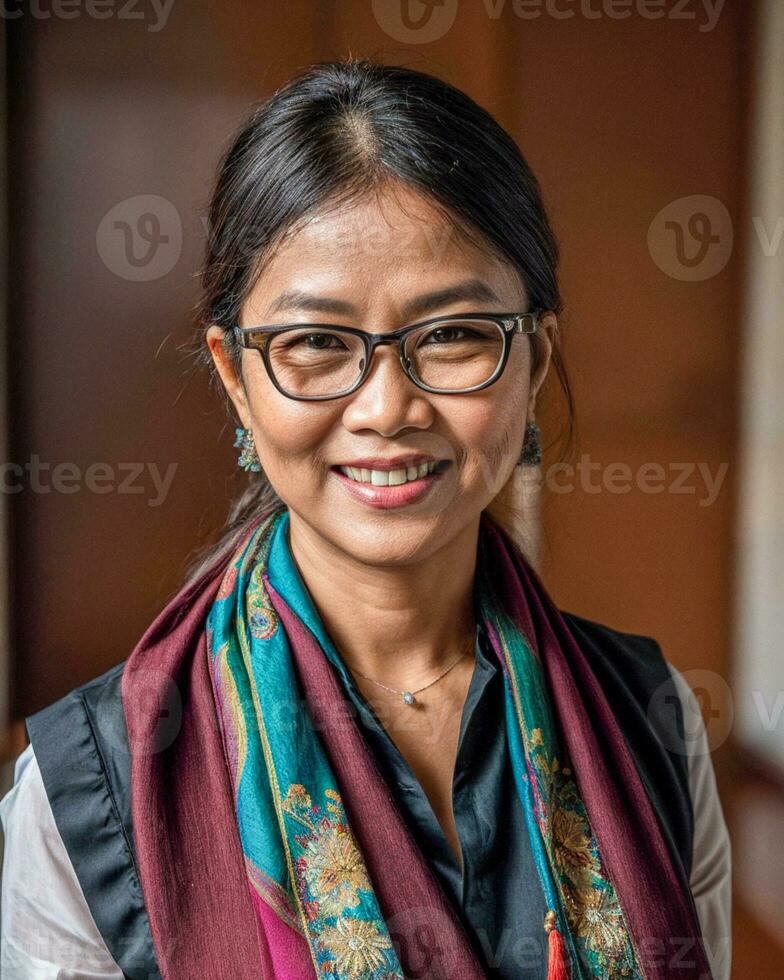 AI Generated Indonesian women teacher wearing shirt and scarfs at classroom photo