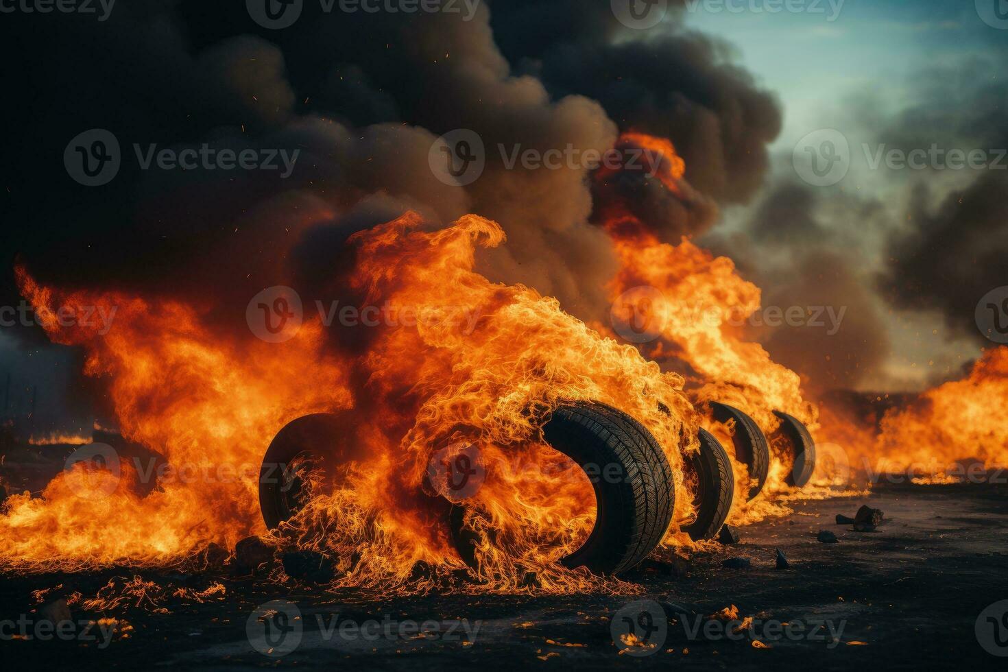 the condition of car tires burning on the road professional advertising photography AI Generative photo
