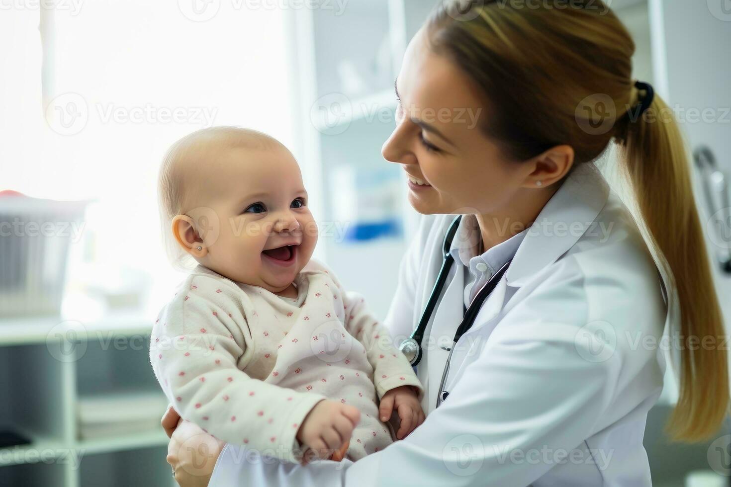 A doctor checking a cute little baby. AI generative photo