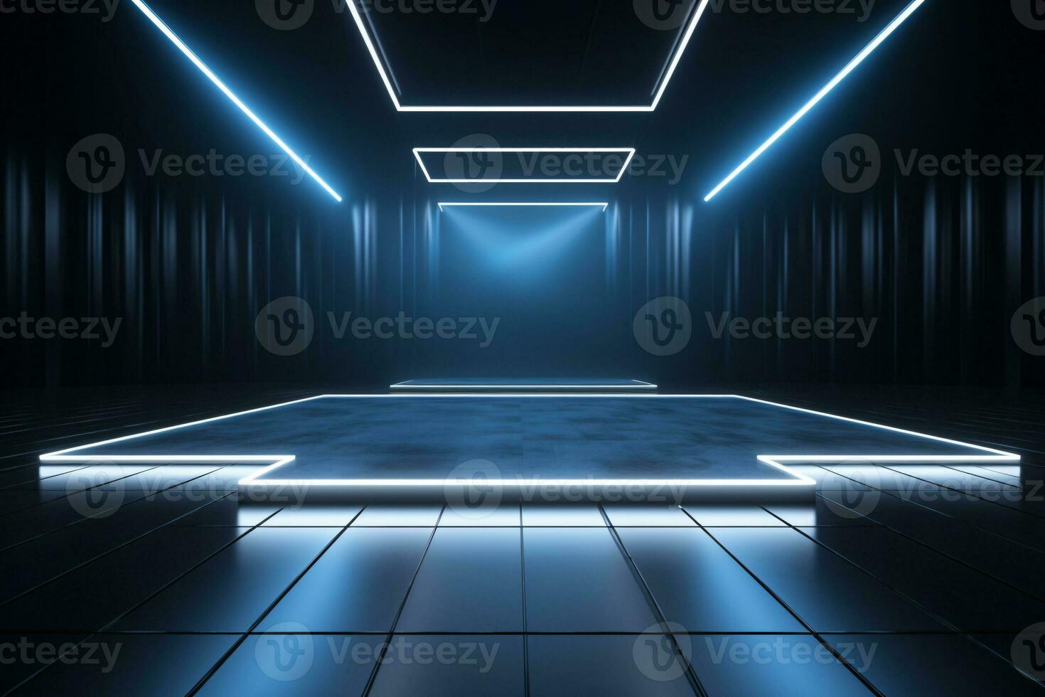 Contemporary dance stage light background with spotlight illuminated the stage. Stage lighting performance show. Empty stage with light beam effect and neon light. Entertainment show. Generative AI. photo