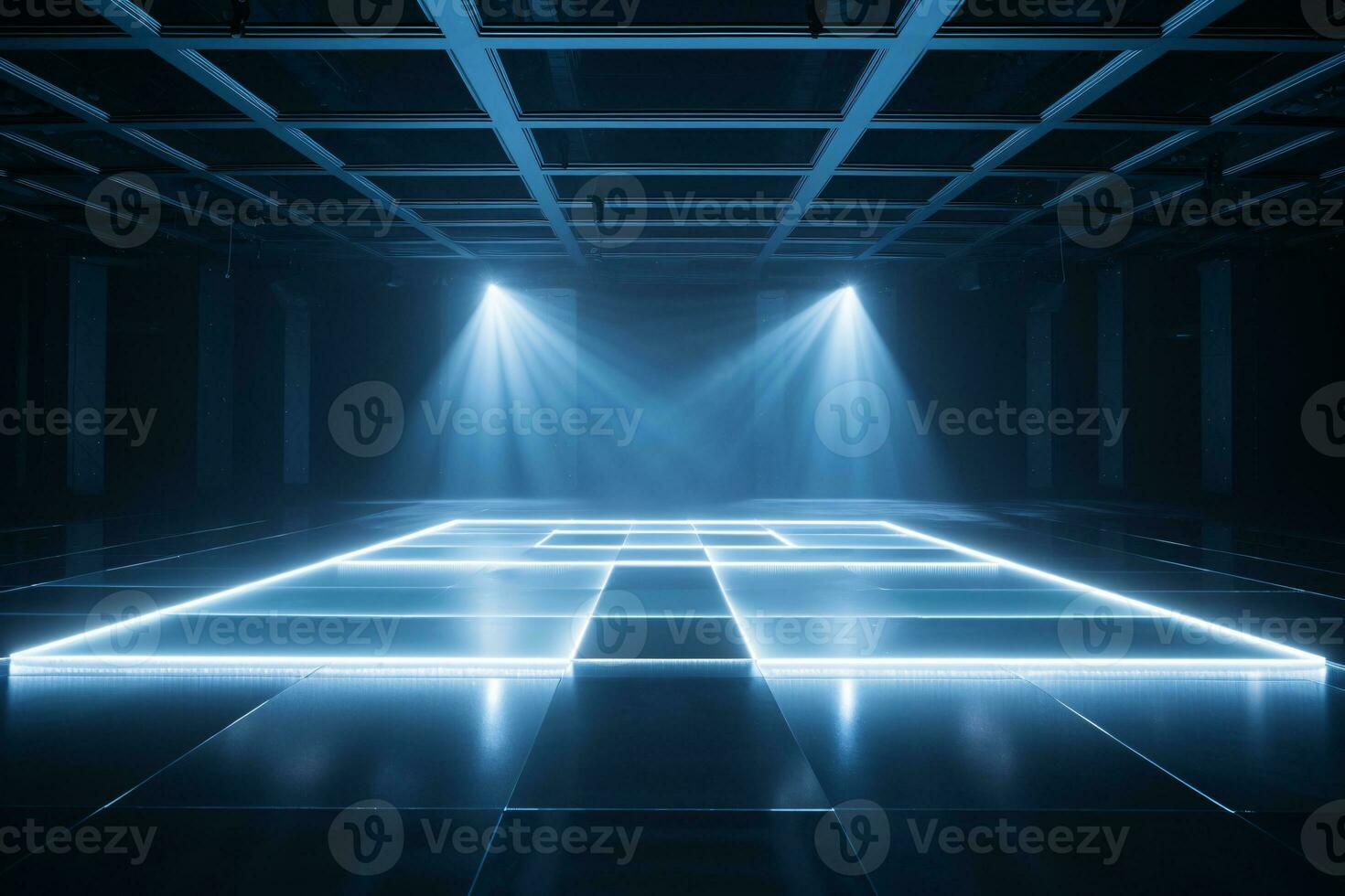 Contemporary dance stage light background with spotlight illuminated the stage. Stage lighting performance show. Empty stage with light beam effect and neon light. Entertainment show. Generative AI. photo