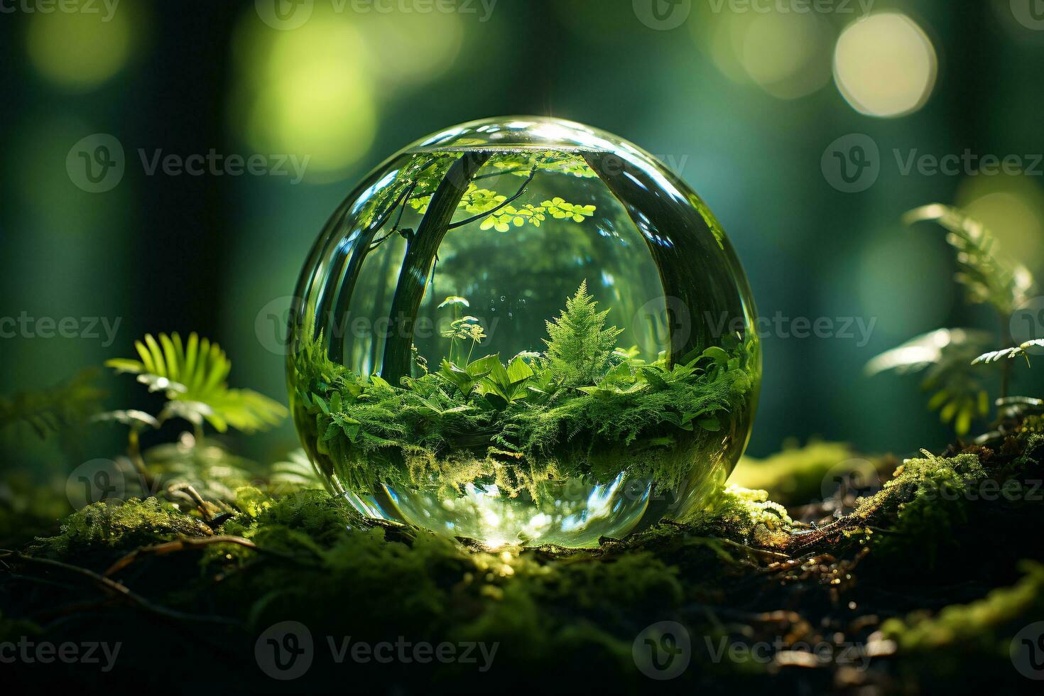World Environment Day background. Earth day. Glass globe in green forest. Environmental conservation. Green planet. Environmental concept of saving planet Earth. Fragile ecosystem. Generative AI. photo