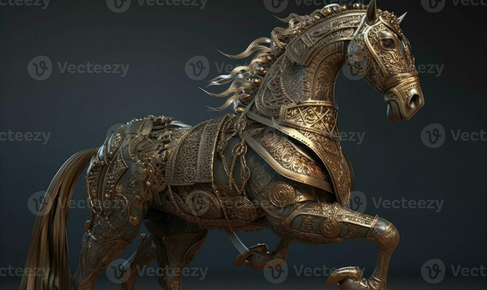 The majestic anthropomorphic horse gallops fearlessly, adorned in shining military armor. Creating using generative AI tools photo