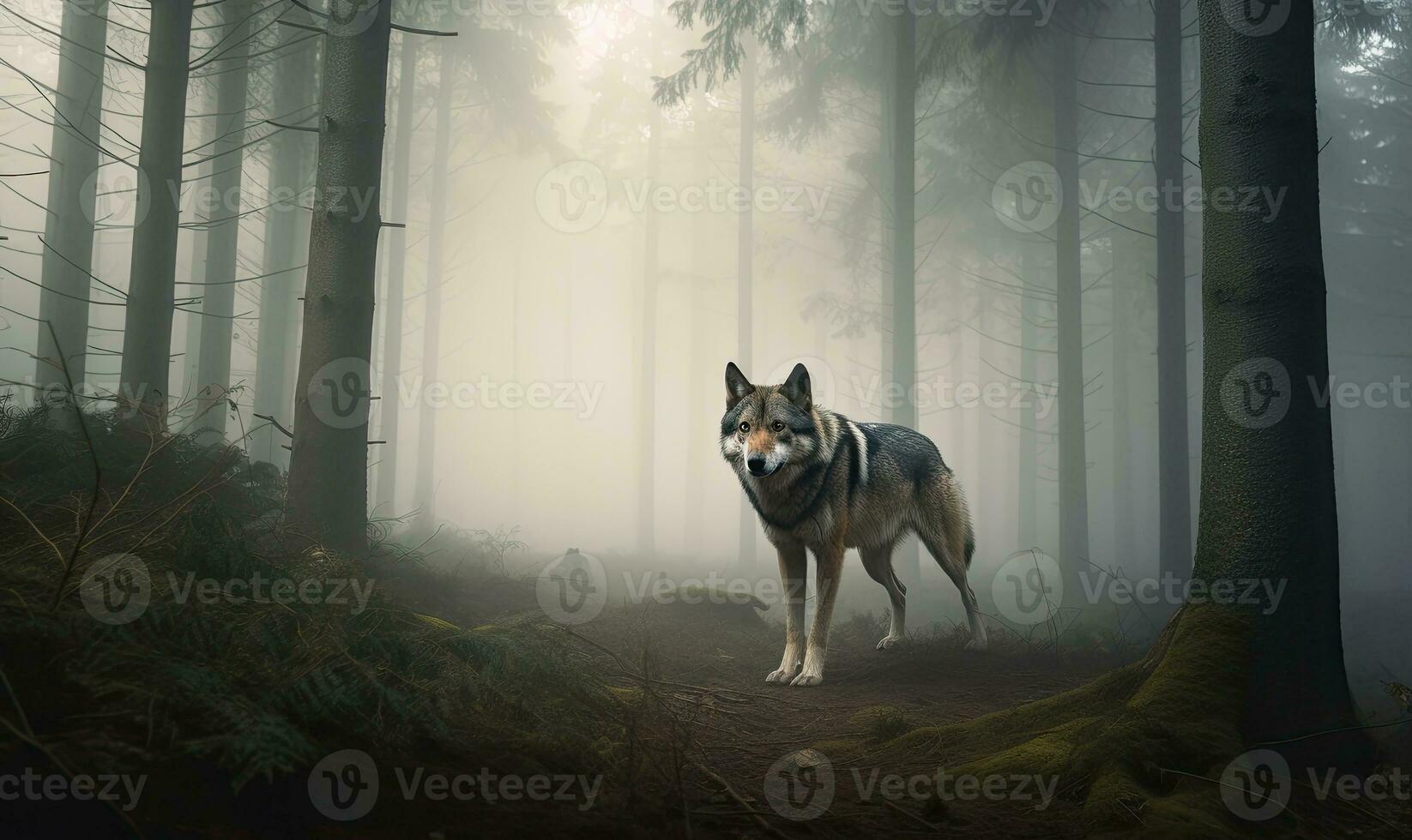 Enchanting background of a misty forest with a wolf Creating using generative AI tools photo