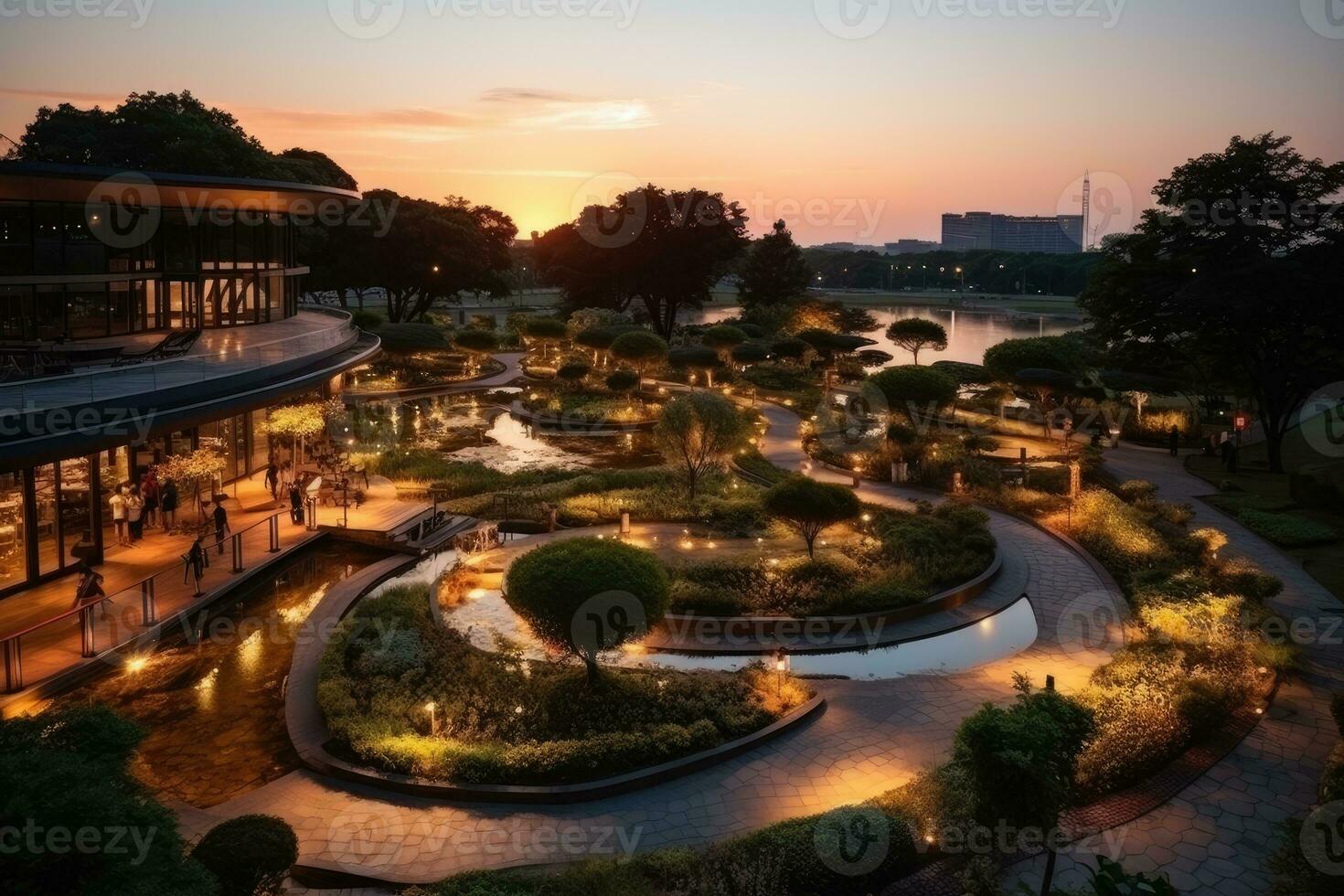 un parque en un bullicioso ciudad con amplio abierto espacio flor campos ai generado foto