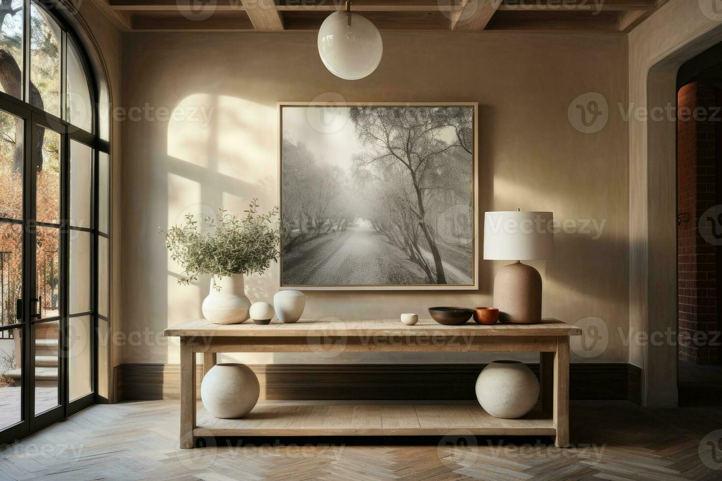 large artwork in center of entryway table AI Generated photo