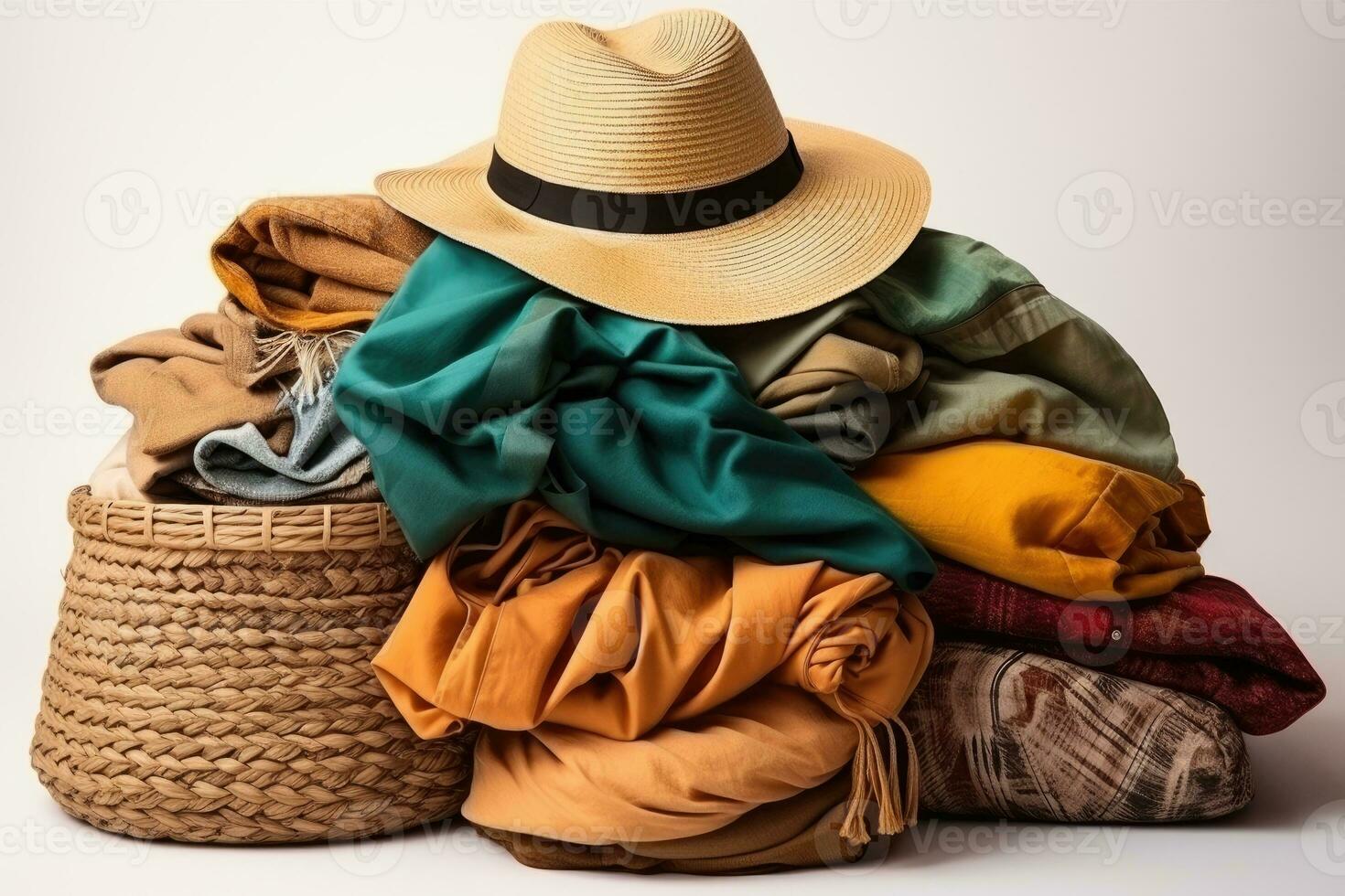 Pile of dirty clothes and Wicker basket with dirty laundry professional advertising photography AI Generative photo