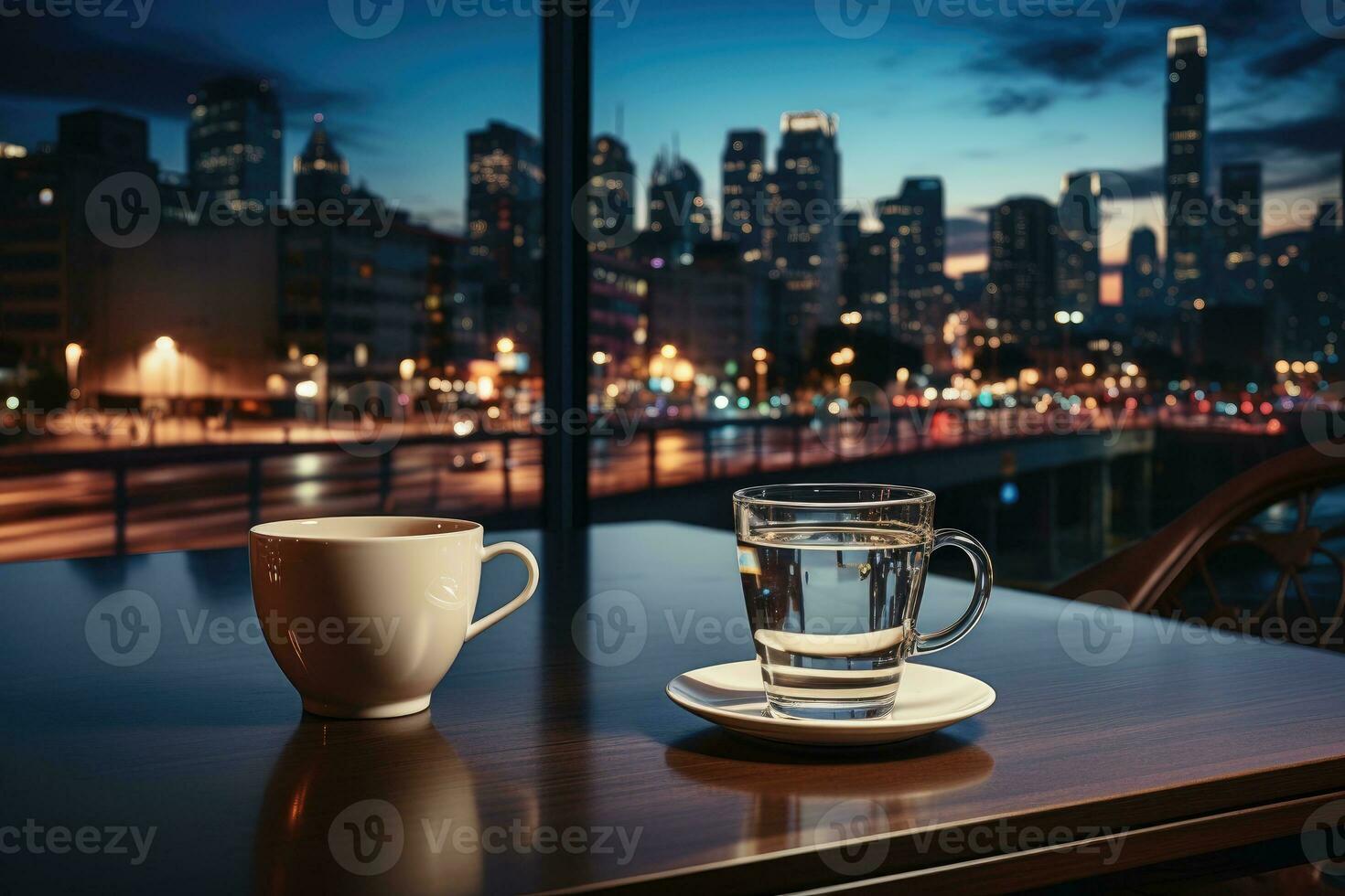 an evening in the office with an empty coffee mug on a table AI Generated photo