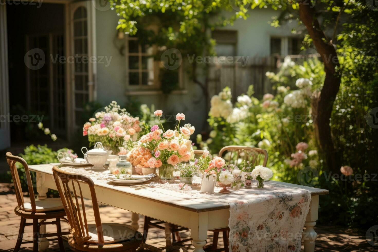 table set for a summer brunch in the garden AI Generated photo