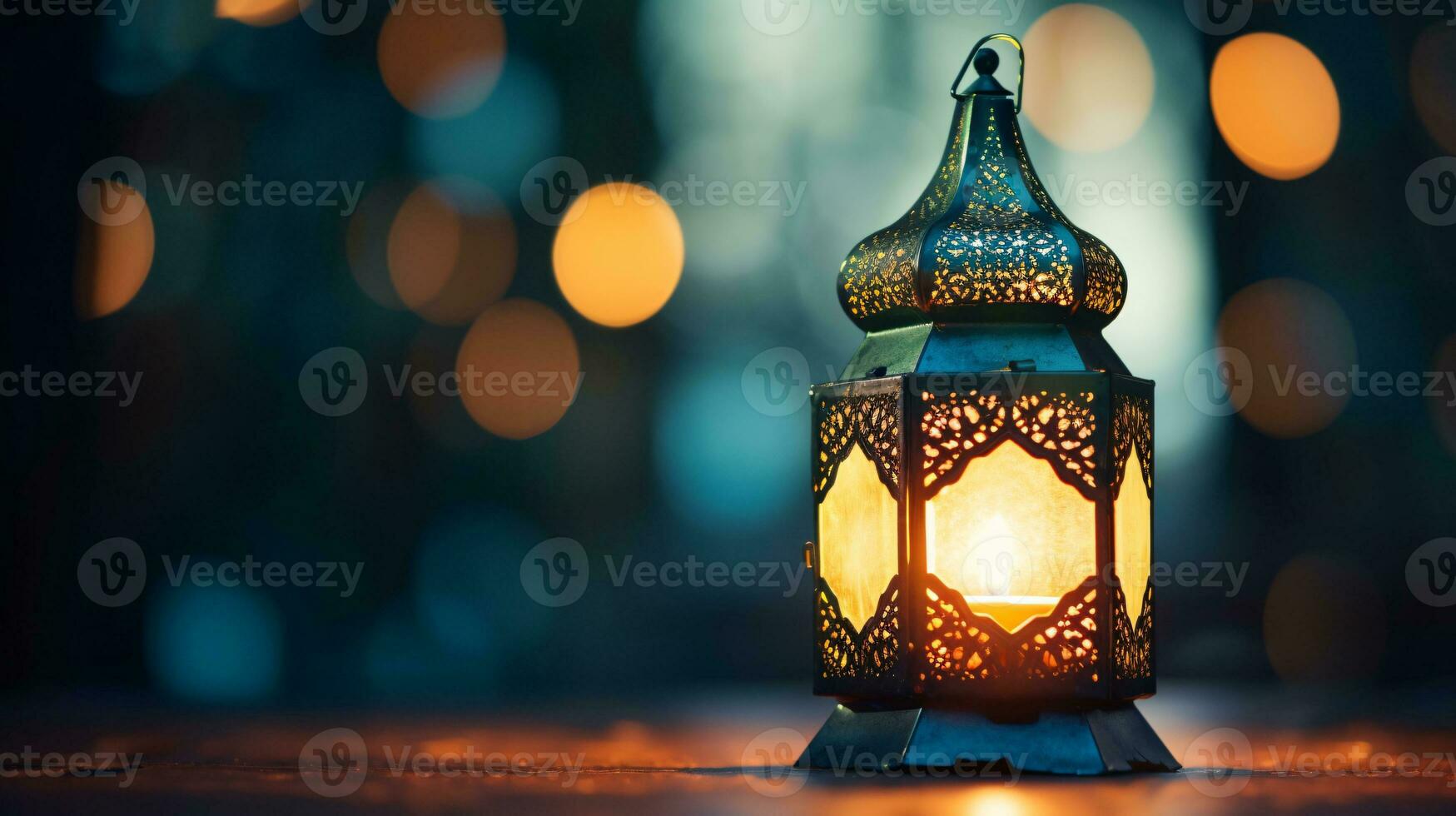 Eid Mubarak and Ramadan Kareem Islam holy month. Arabic lantern and burning candle at night. Muslims iftar under soft light of lantern lamp. Arabian background for celebration of Eid. Generative AI. photo