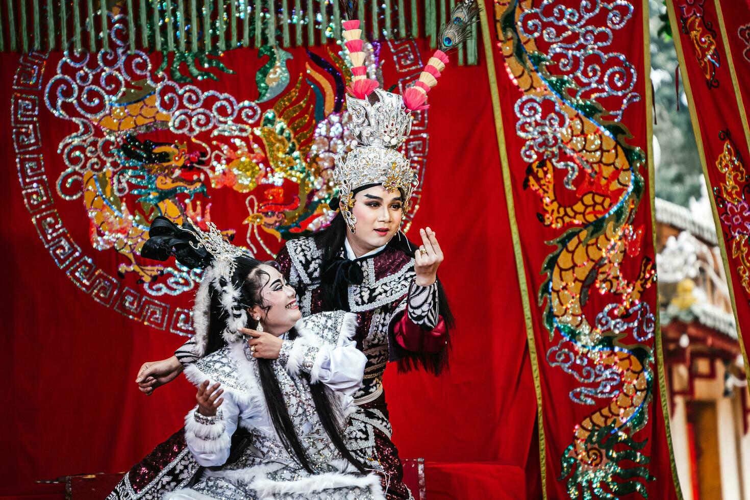 Ho Chi Minh City, Vietnam - August 19, 2023 Artists performing Vietnamese classical opera as know as Hat Boi in Binh Thanh District photo