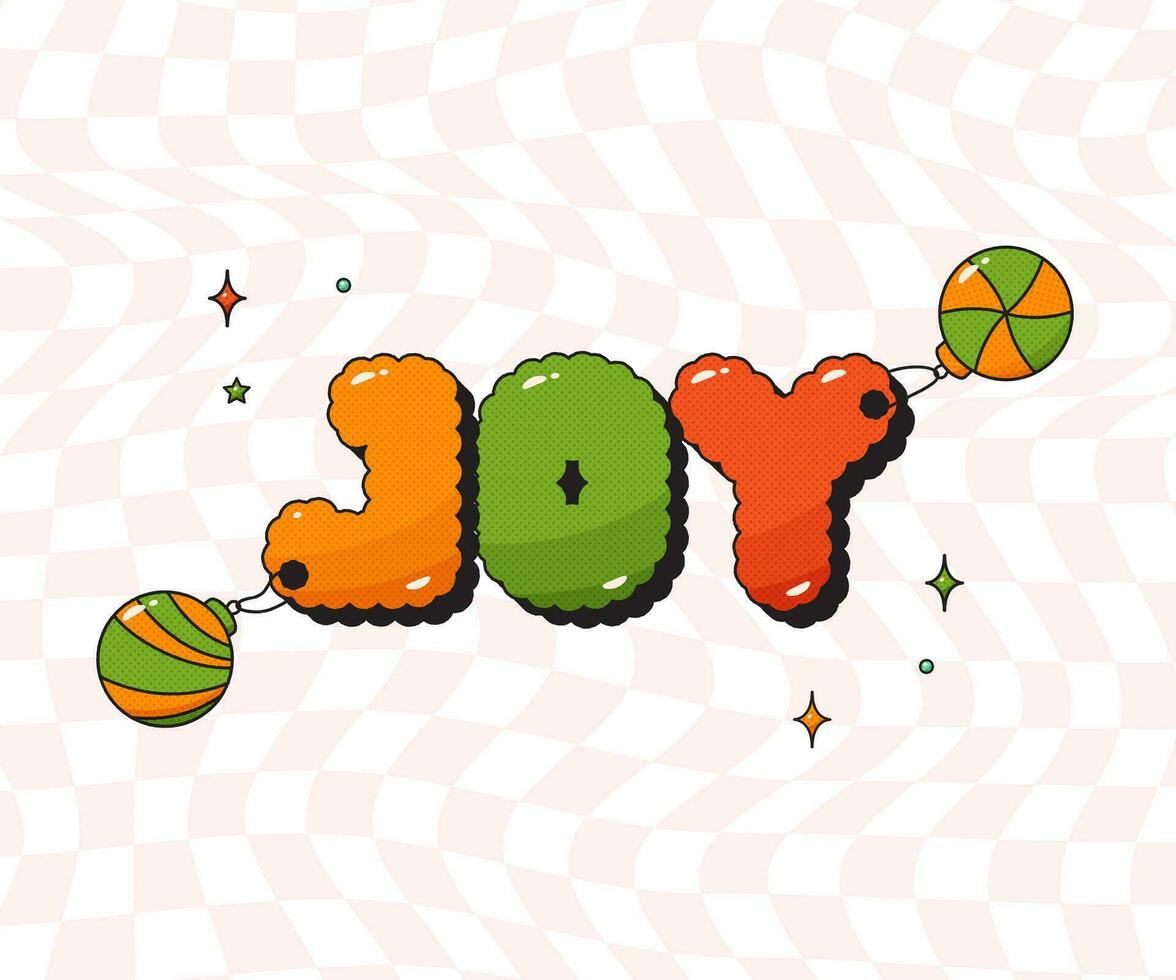 Christmas groovy sticker halftone text Joy and balls. vector