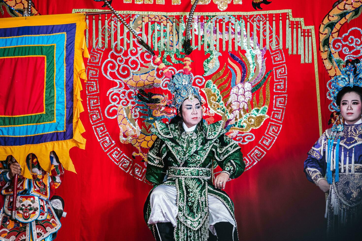 Ho Chi Minh City, Vietnam - August 19, 2023 Artists performing Vietnamese classical opera as know as Hat Boi in Binh Thanh District photo