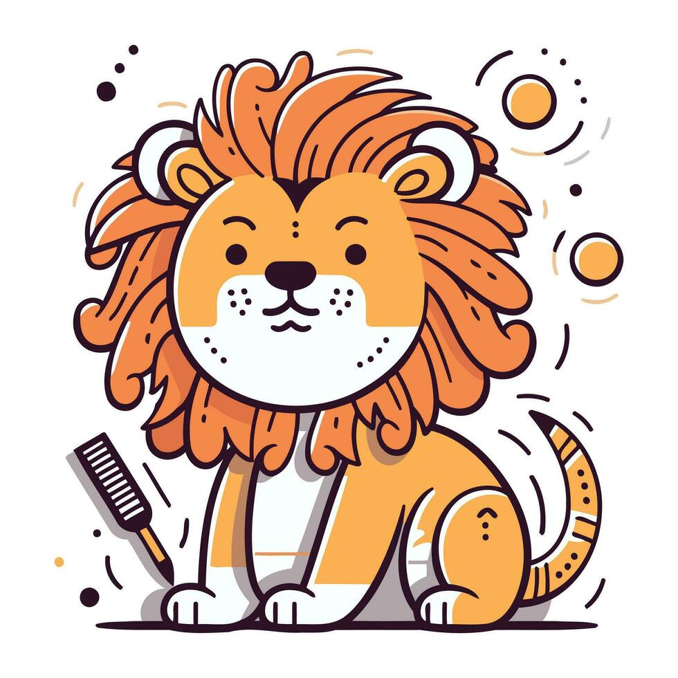Cute lion with a comb and a toothbrush. Vector illustration.