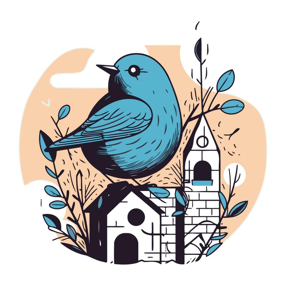 Vector illustration of a bird on the background of a birdhouse.