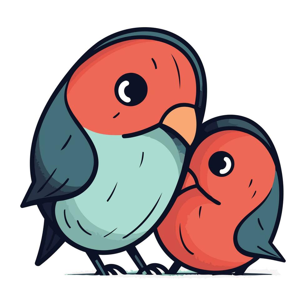 Cute cartoon couple of colorful birds. Vector illustration isolated on white background.