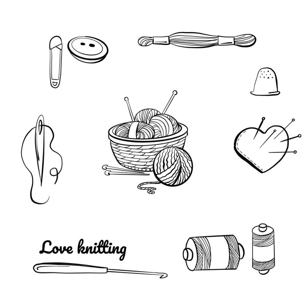 Knitting and crochet, outline drawings set, hand drawn design elements. vector