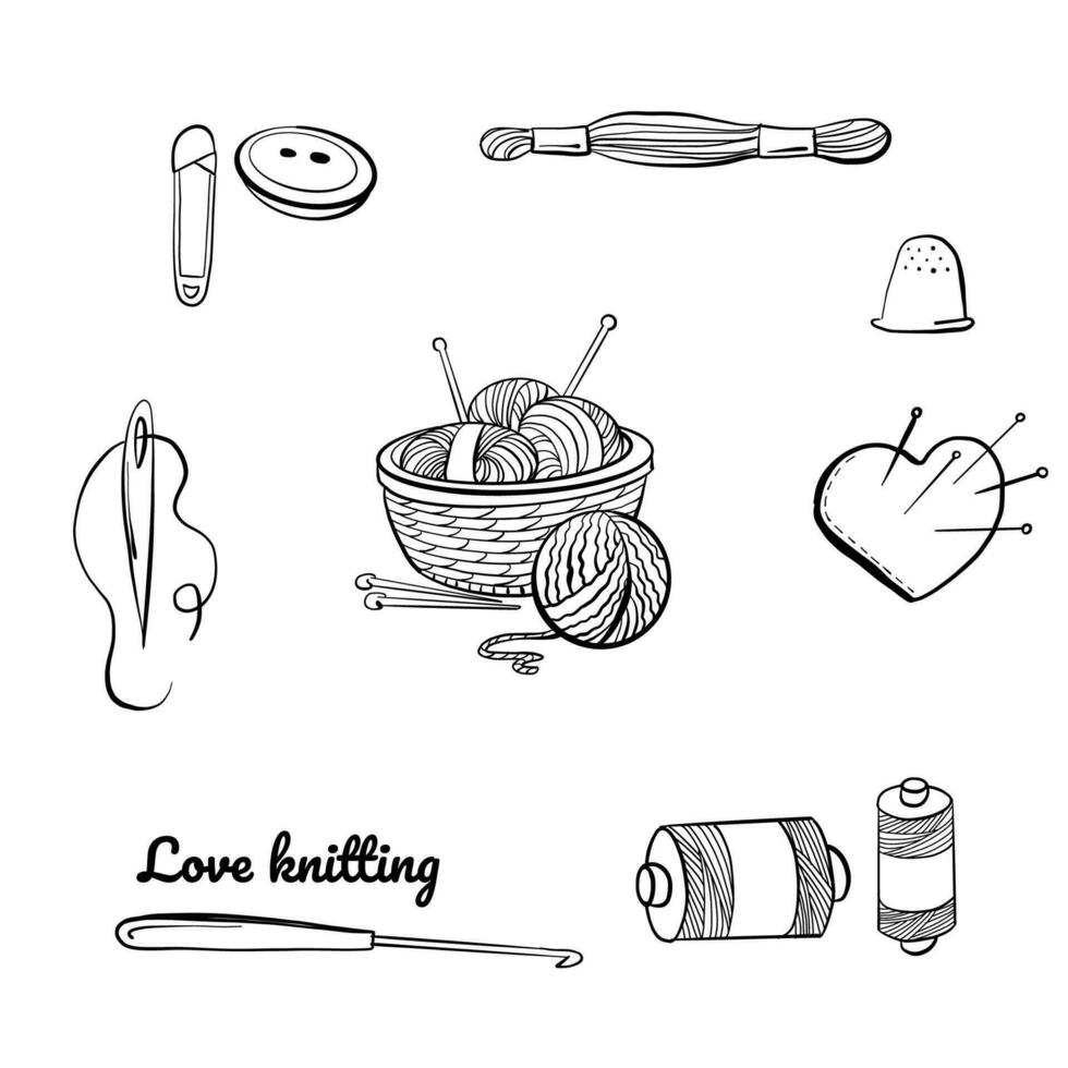 Knitting and crochet, outline drawings set, hand drawn design elements. vector