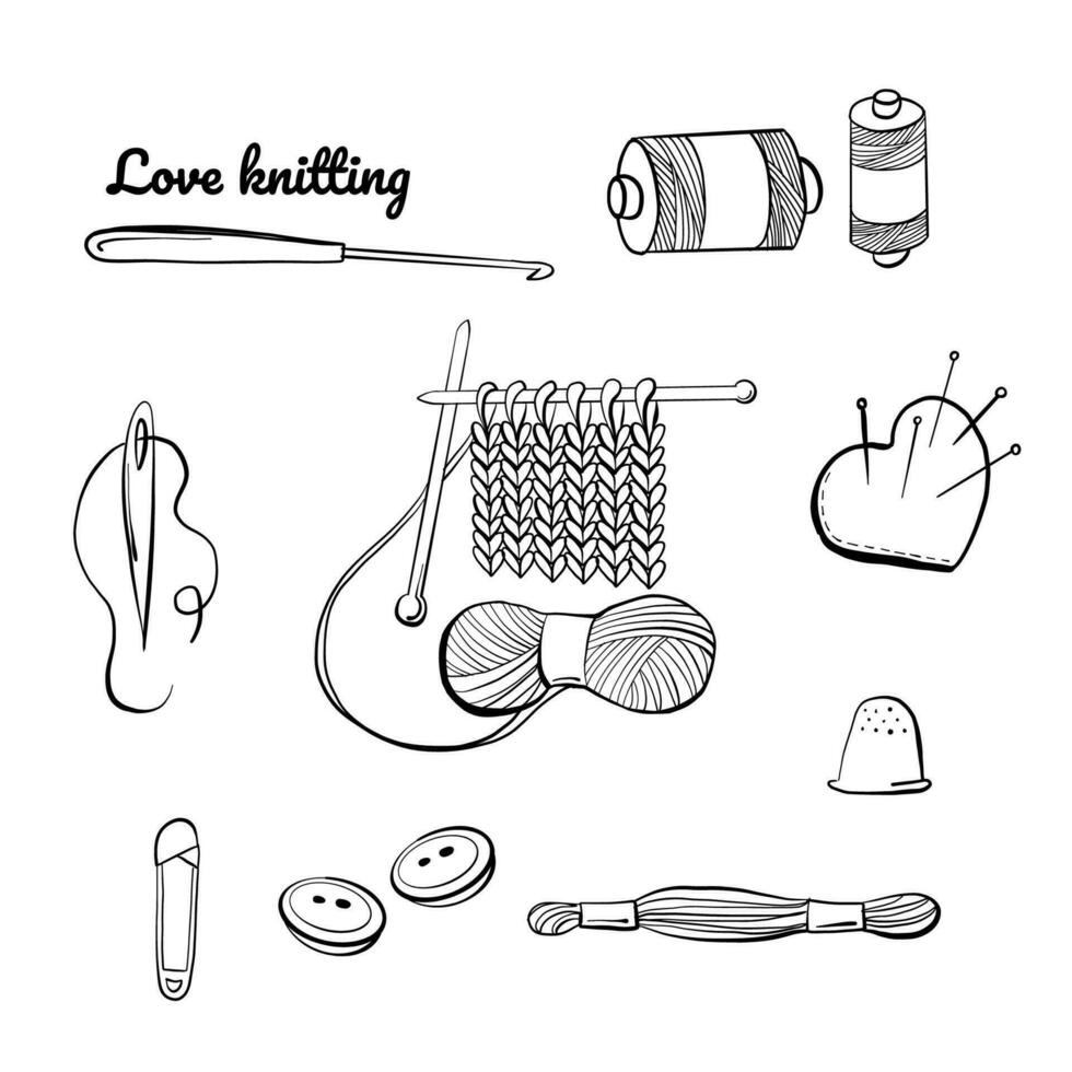 Knitting and crochet, outline drawings set, hand drawn design elements. vector