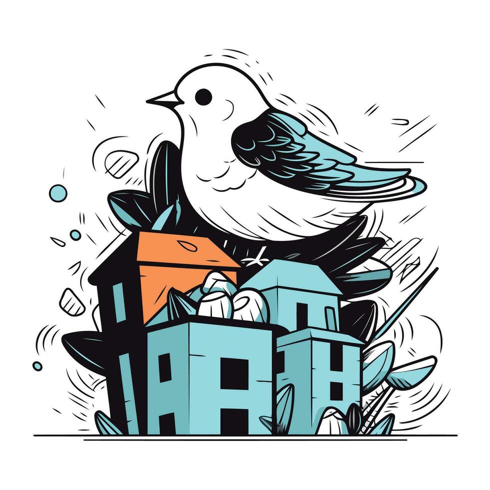 Vector illustration of a bird sitting on the roof of the house.