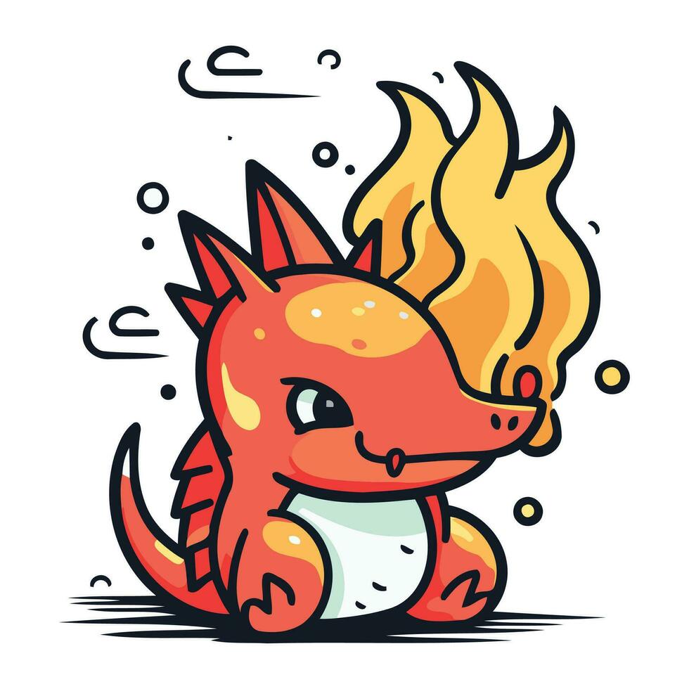 Funny cartoon dragon with fire on white background. Vector illustration.