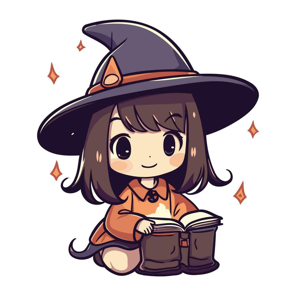 Cute little witch girl with hat and book. Vector illustration.