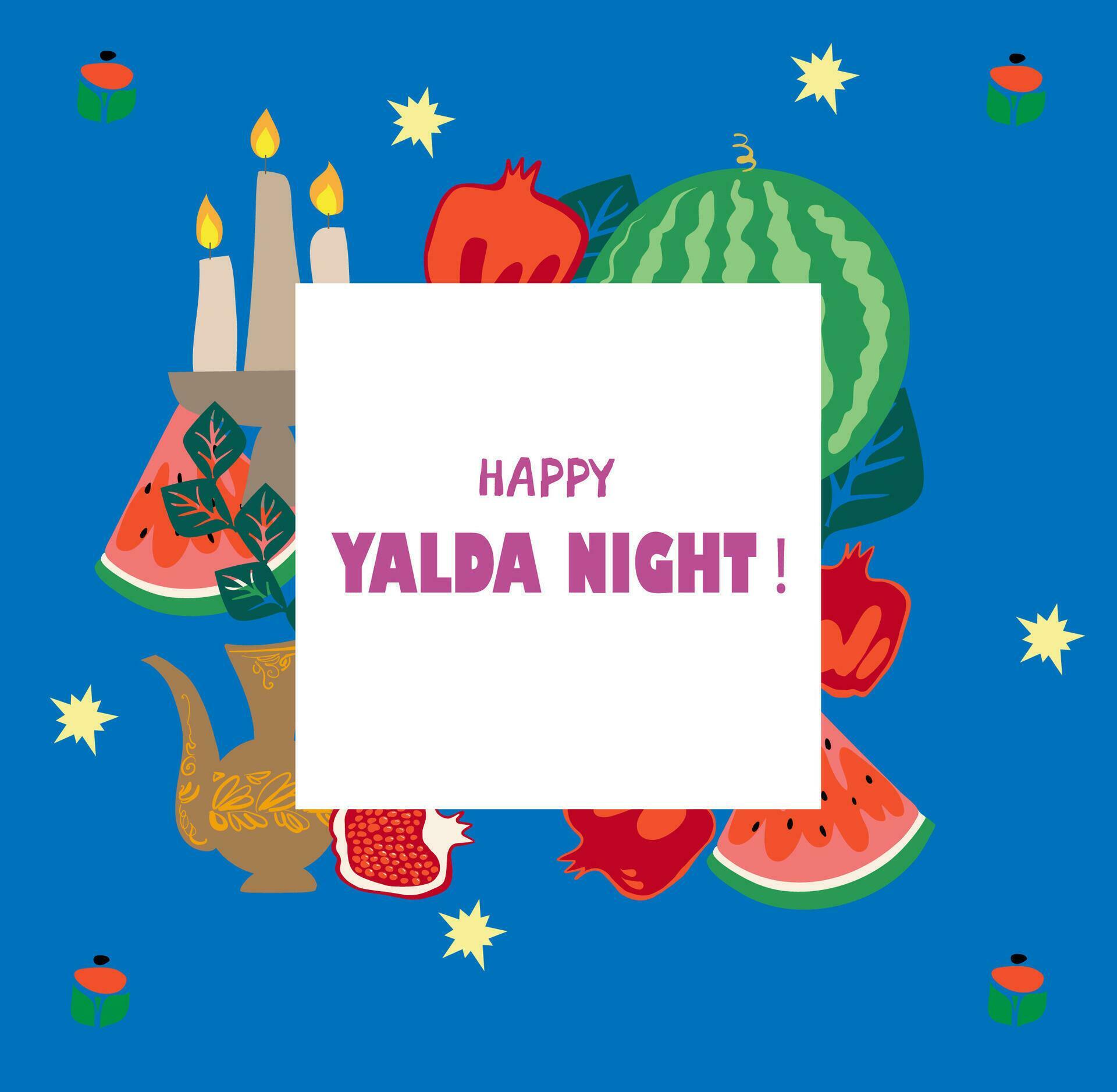 Happy Yalda night banner template with symbols of the holiday watermelon, pomegranate, nuts