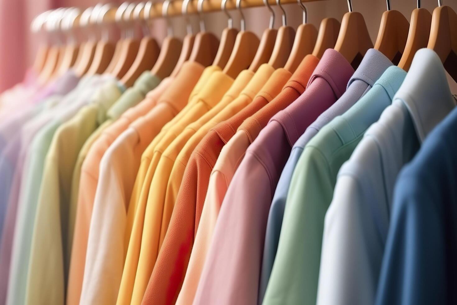 Colorful clothes on a clothing rack, pastel colorful closet in a shopping store or bedroom, rainbow color clothes choice on hangers, home wardrobe concept image. AI Generative photo