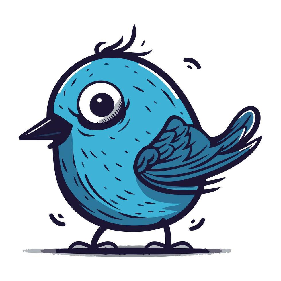 Cute cartoon blue bird on white background. Hand drawn vector illustration.