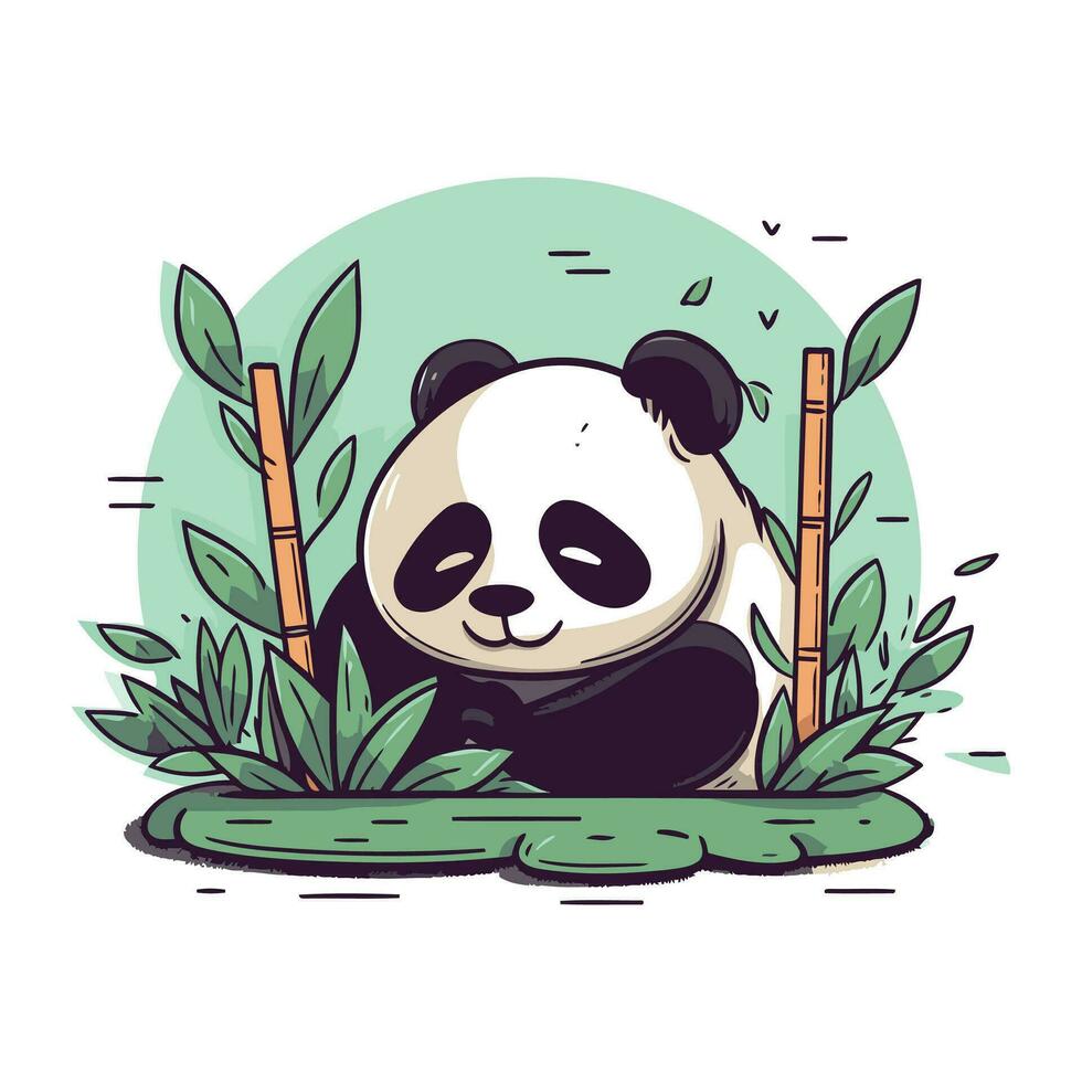 Cute panda in bamboo forest. Vector illustration. Cartoon style.