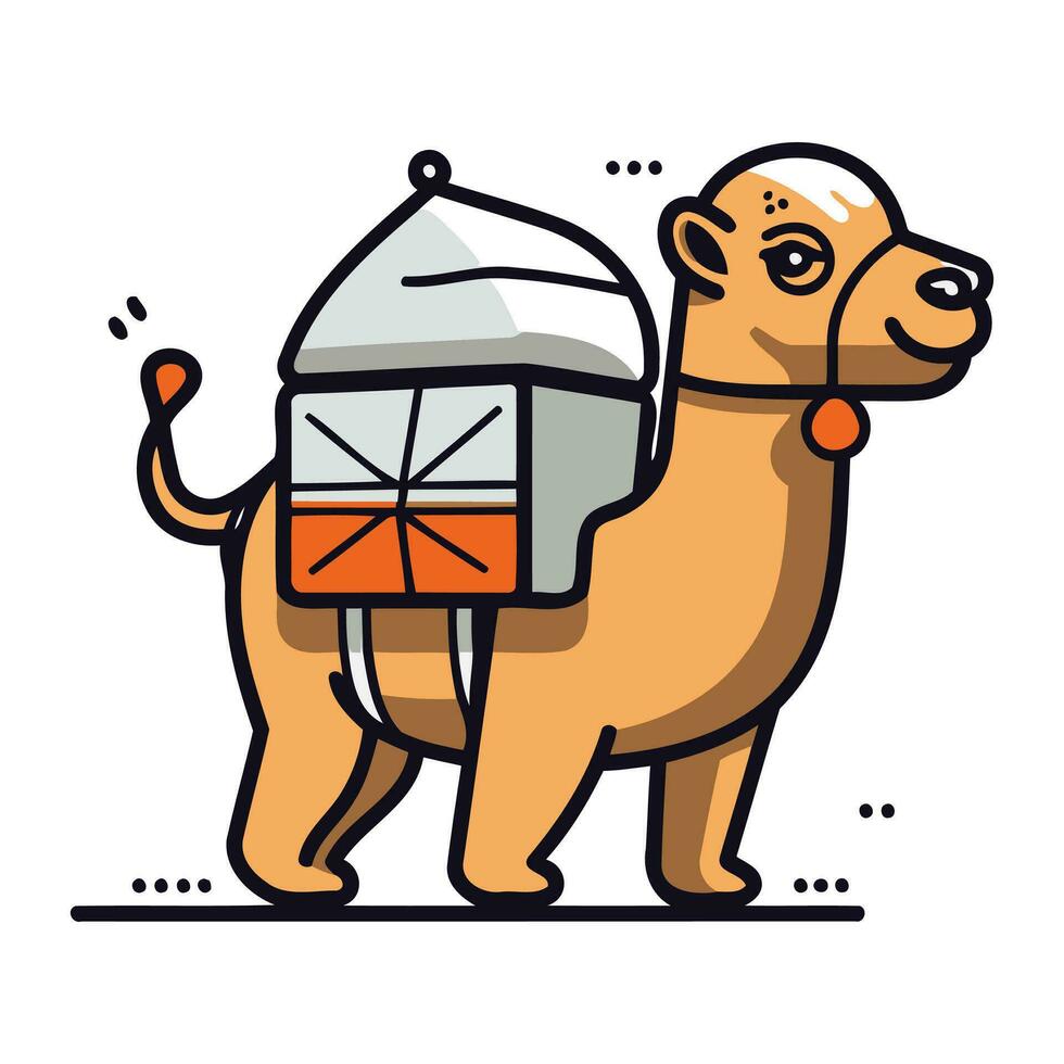 Camel with a suitcase. Vector illustration in line art style.