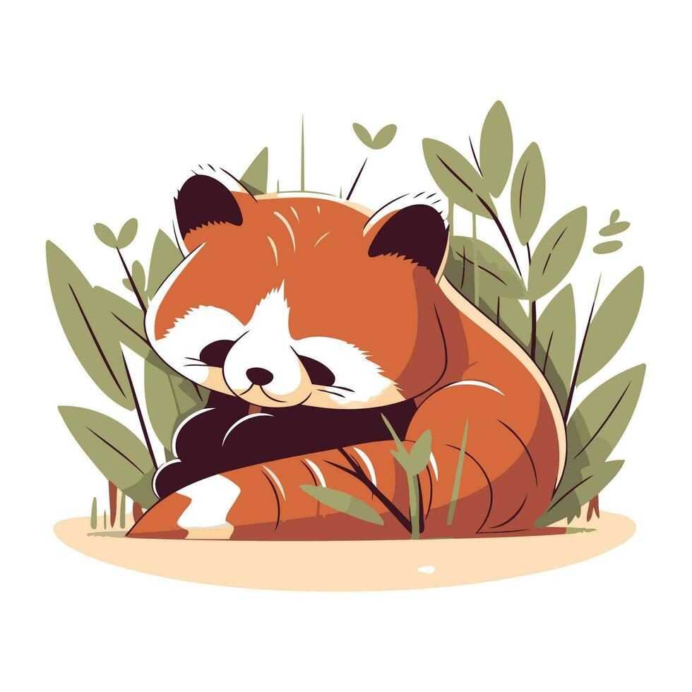 Red panda sleeping on the ground. Cute cartoon vector illustration.