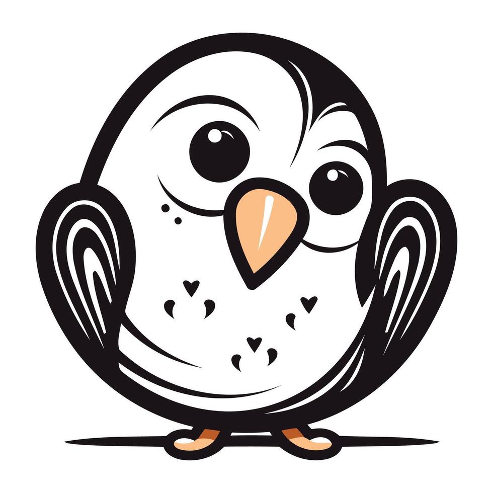 Cute black and white cartoon owl isolated on white background. Vector