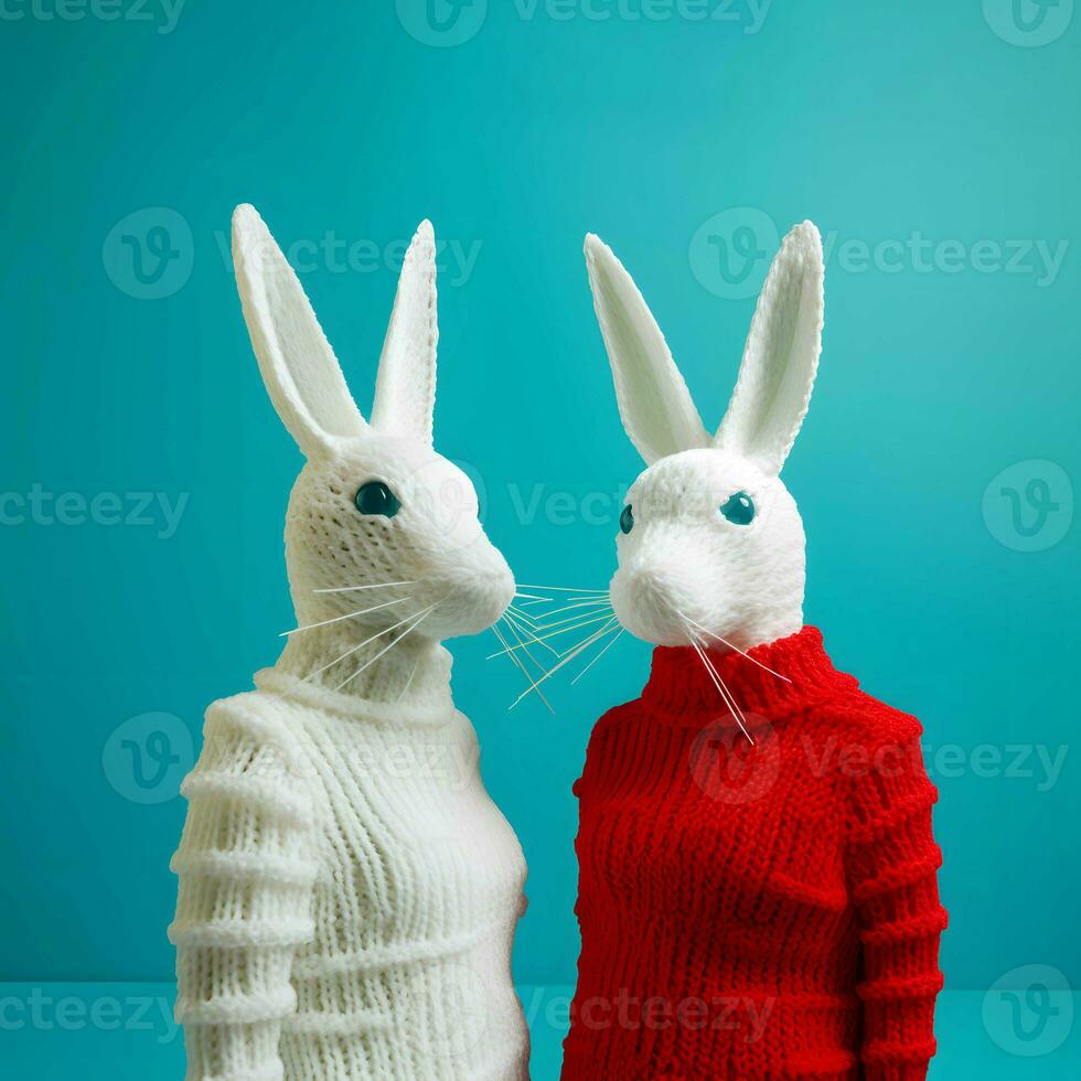 Two rabbits dressed in warm knitted woolen sweaters AI generated composition photo