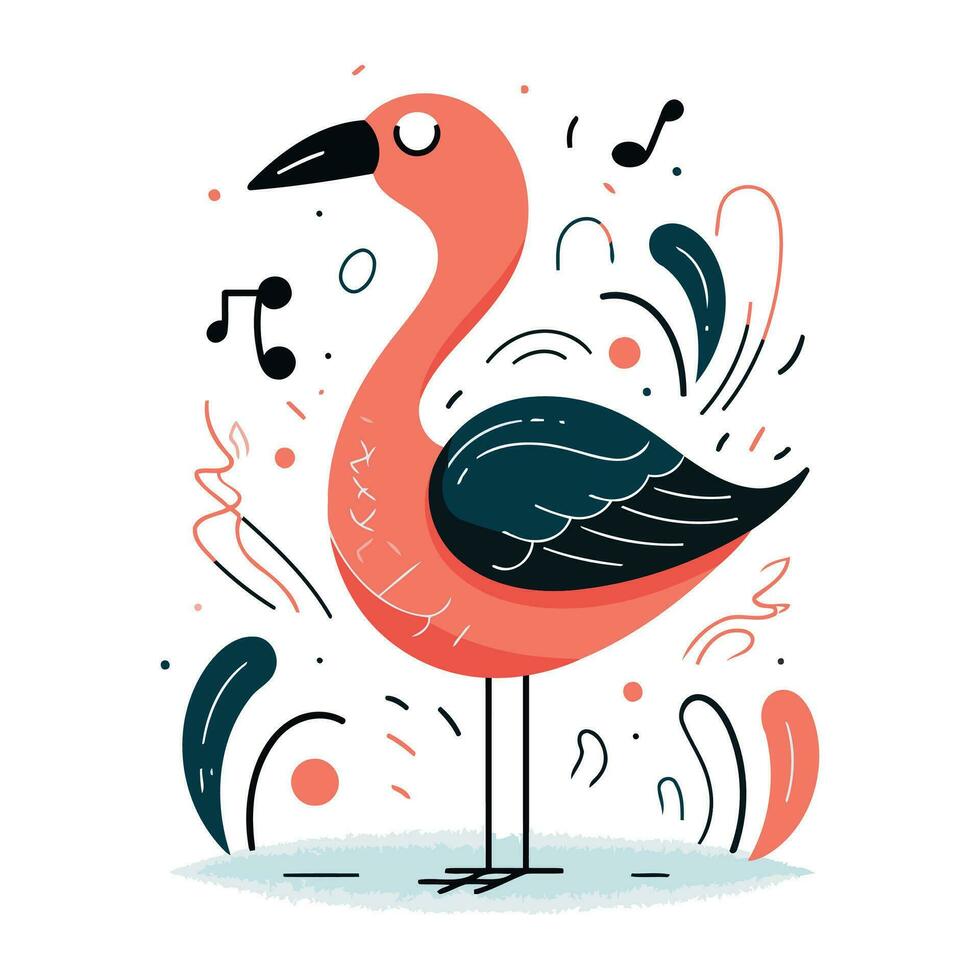 flamenco pájaro con musical notas vector ilustración en plano estilo.