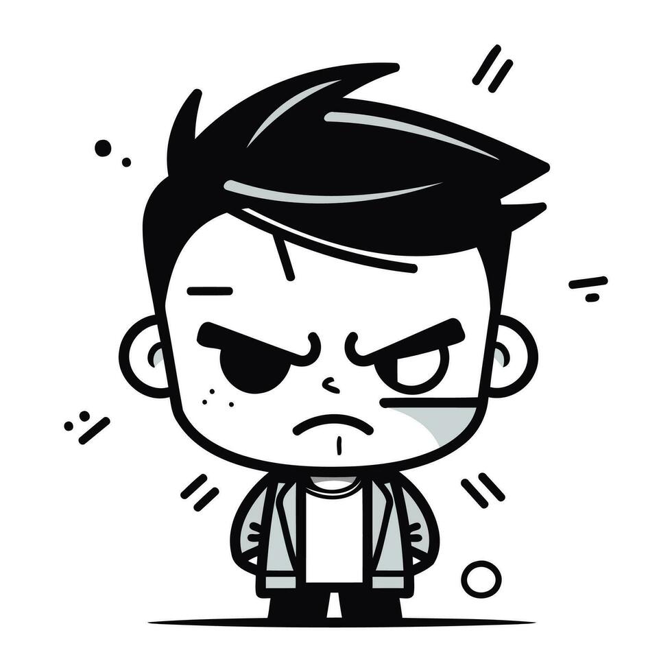 Angry cartoon boy. Vector illustration in black and white colors.