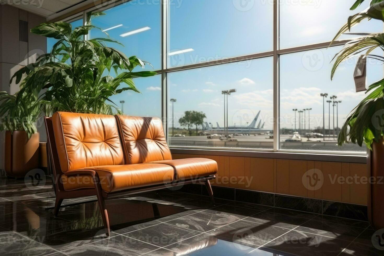 esperando habitación a el aeropuerto con el grande ventana ai generado foto