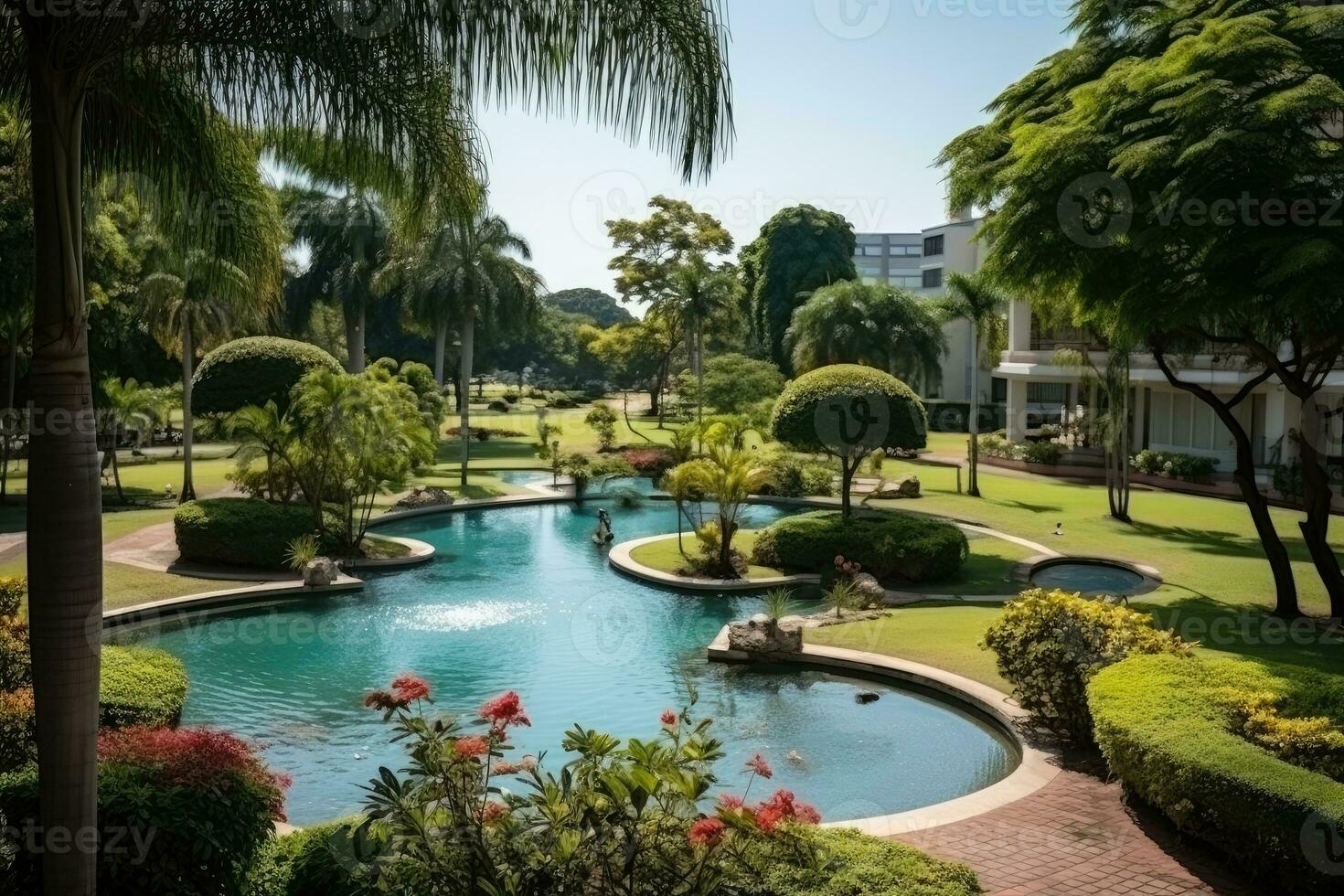 a park in a bustling city with wide open space flower fields AI Generated photo