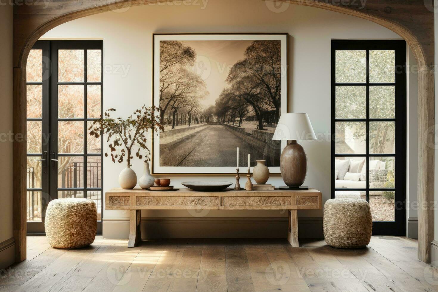 large artwork in center of entryway table AI Generated photo