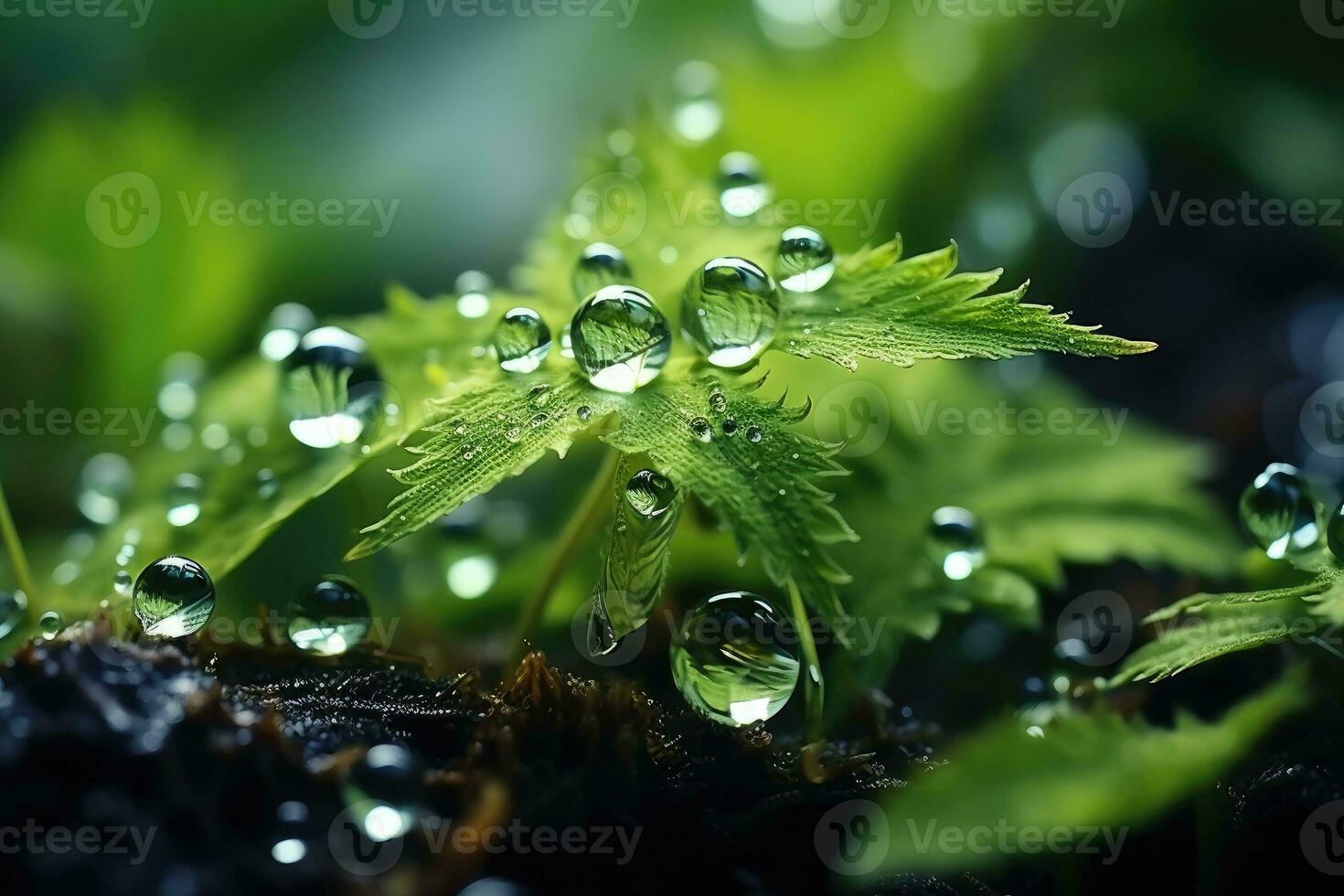 realistic forest macro close up of rain drop AI Generated photo