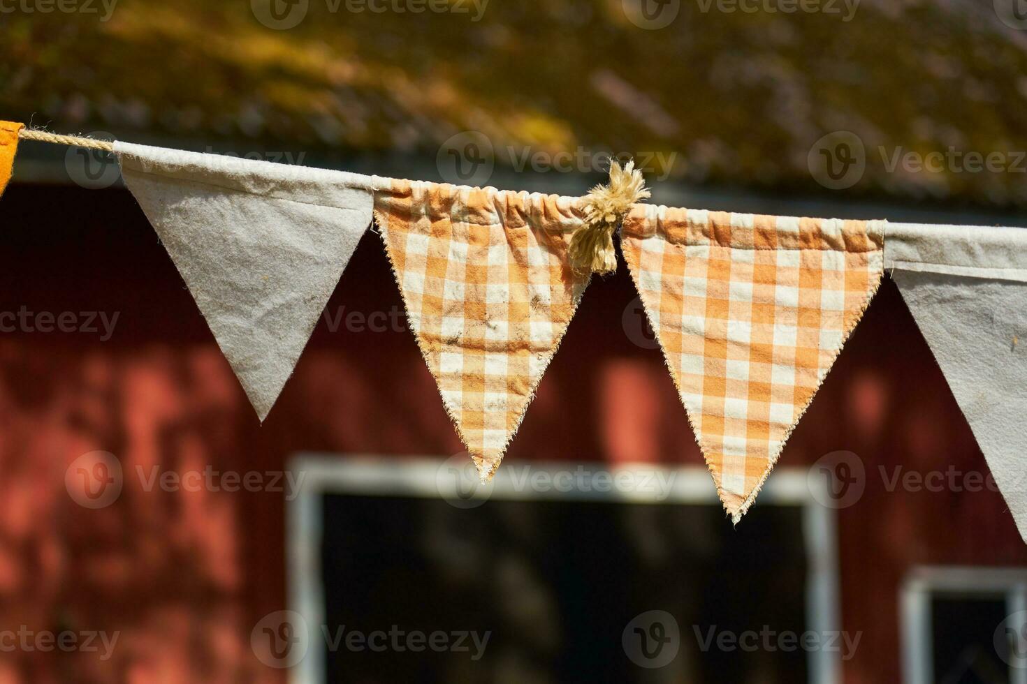 Authentic flags with a blurred house on the background. photo