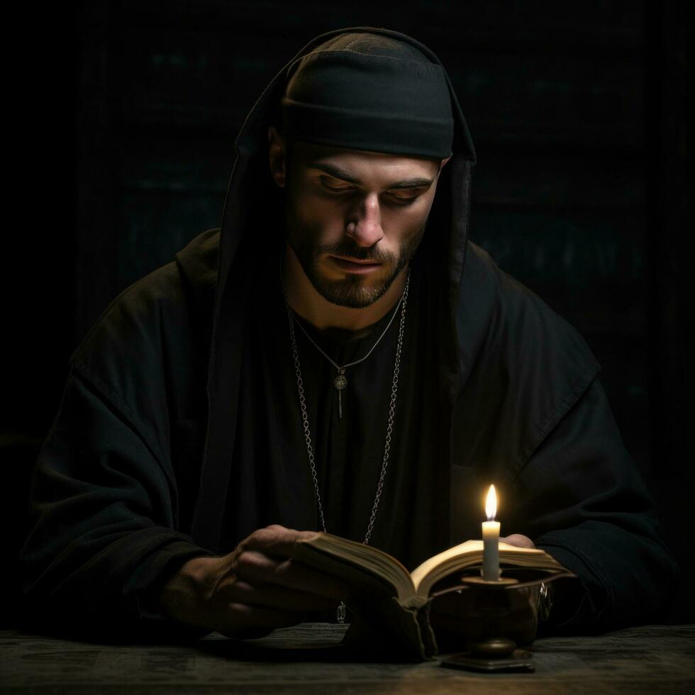 young priest reading an open bible on black background with a monk in black cap photo