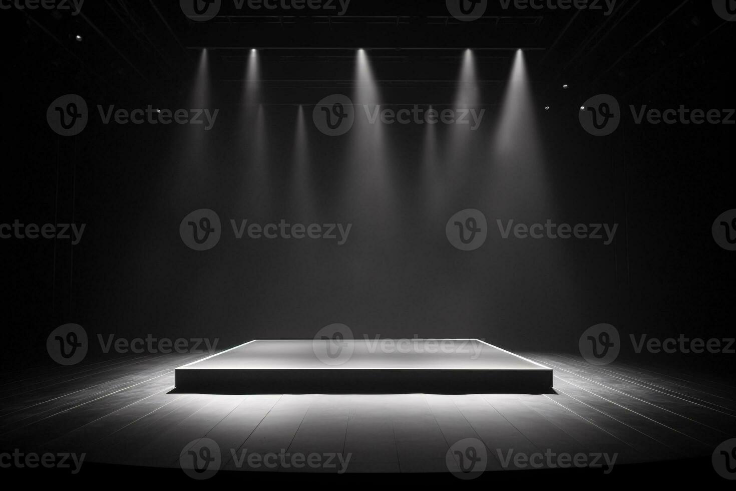 Contemporary dance stage light background with spotlight illuminated the stage. Stage lighting performance show. Empty stage and monochromatic colors. Serene scene. Entertainment show. Generative AI. photo