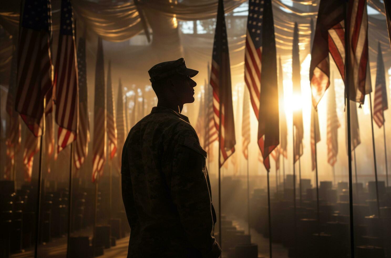 a soldier looking at flags. photo